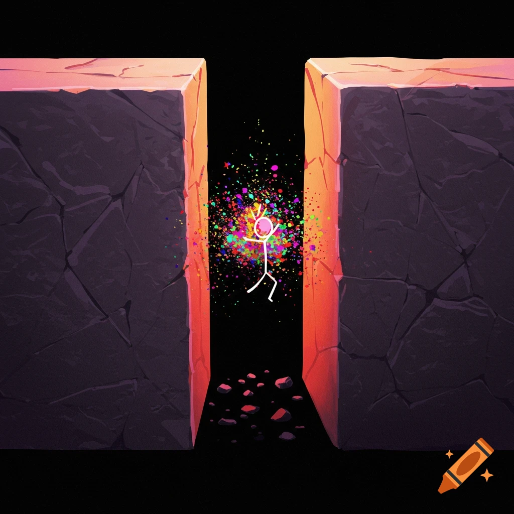 A white stick figure is breaking apart into a burst of colorful splatters between two large, dark, glowing blocks.