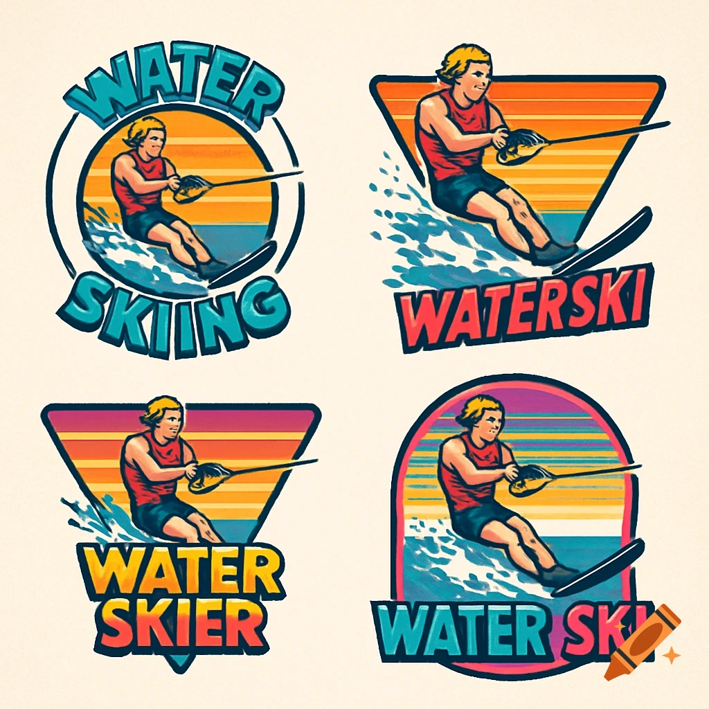 Four retro-style logos depict a water skier in different compositions with striped backgrounds and various texts like "Water Skiing".