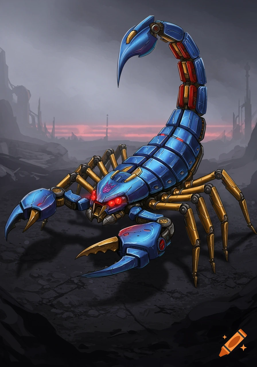 A detailed blue robotic scorpion with red eyes and gold accents stands on dark ground. It has a purple Decepticon-like symbol on its head, with a futuristic, desolate landscape and red sky in the background.