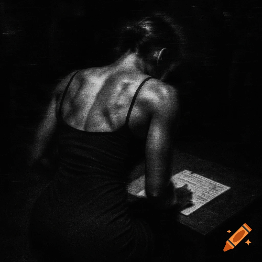 Black and white, grainy photo of a woman's back in a tank top, looking down at an indistinct form on a table in a dark room.