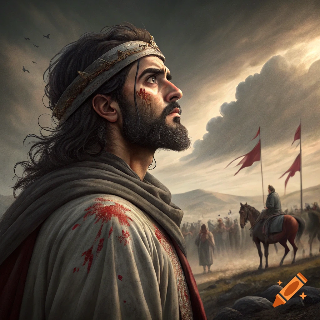 A solemn, bearded man with a crown and bloodstains looks upward, standing on a battlefield with distant figures and flags under a cloudy sky, in a realistic style.