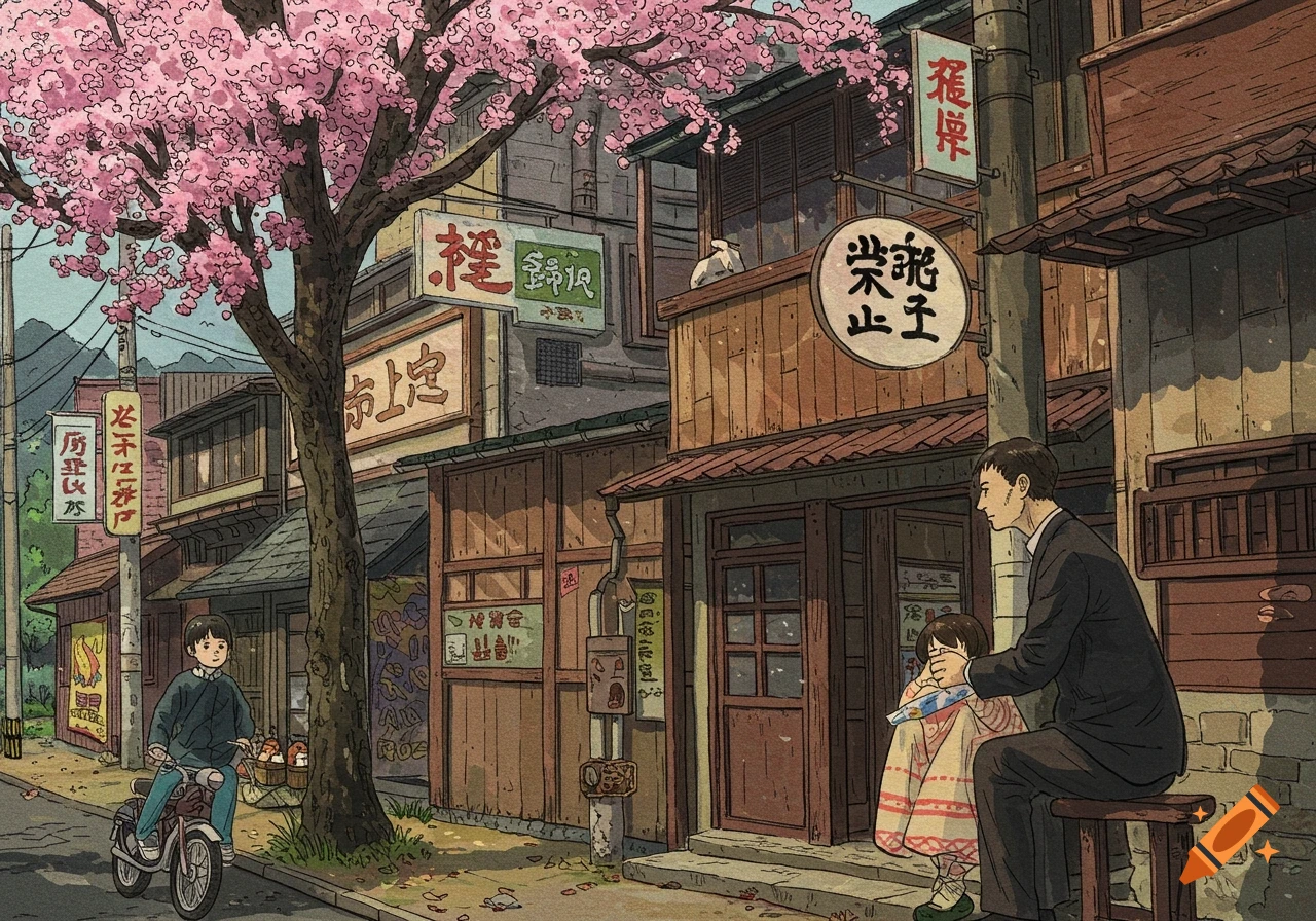 An ukiyo-e style illustration of a Japanese street with a cherry blossom tree, traditional buildings with signs, a boy on a bicycle, and an adult comforting a child.