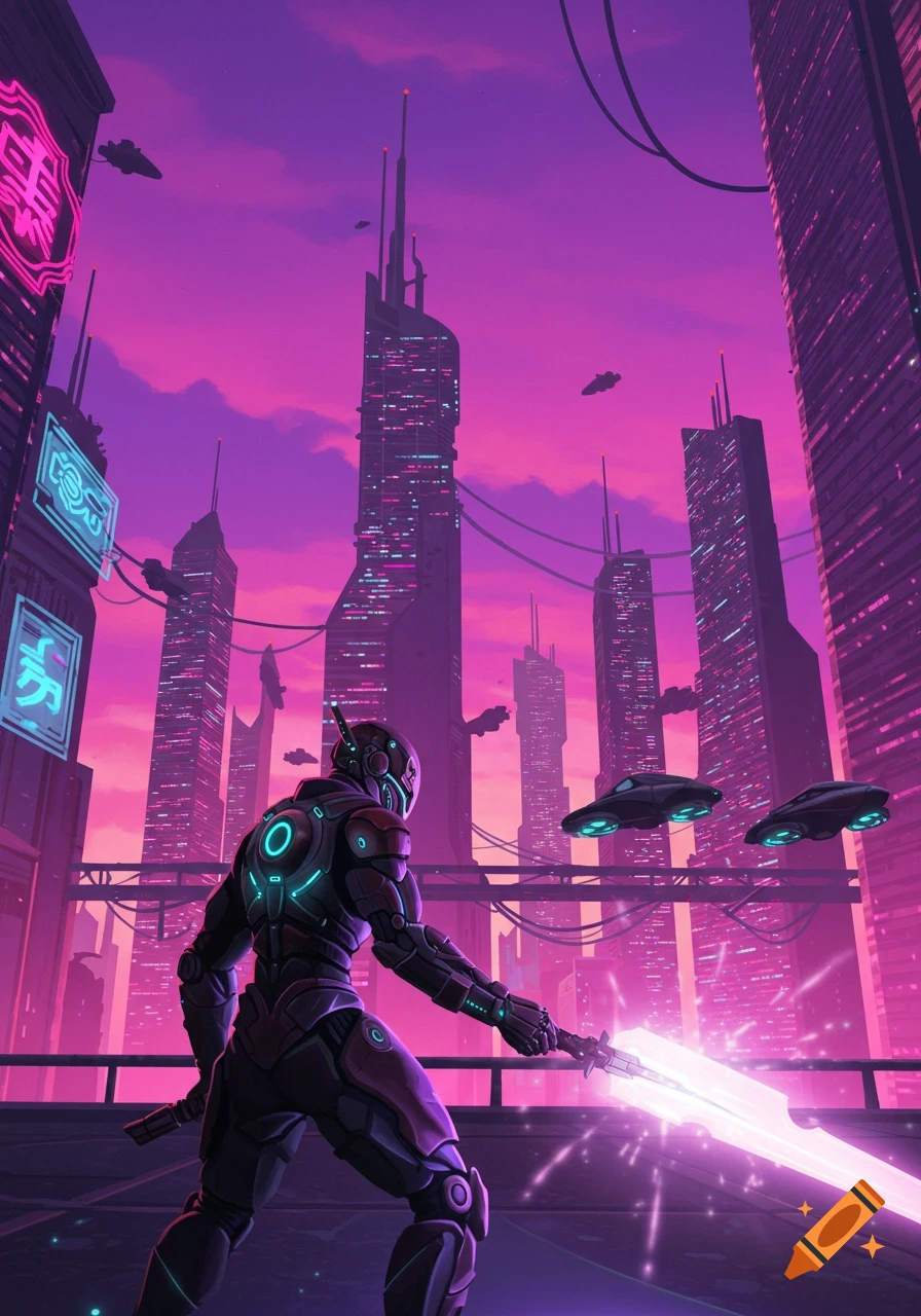 A futuristic warrior in glowing armor wields a bright sword in a neon-lit cyberpunk city with tall buildings and flying vehicles.