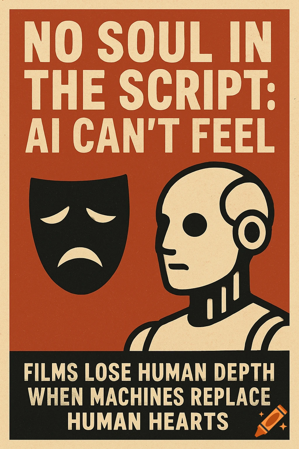 Retro-style poster with a sad theater mask and a robot head, criticizing AI in film.
