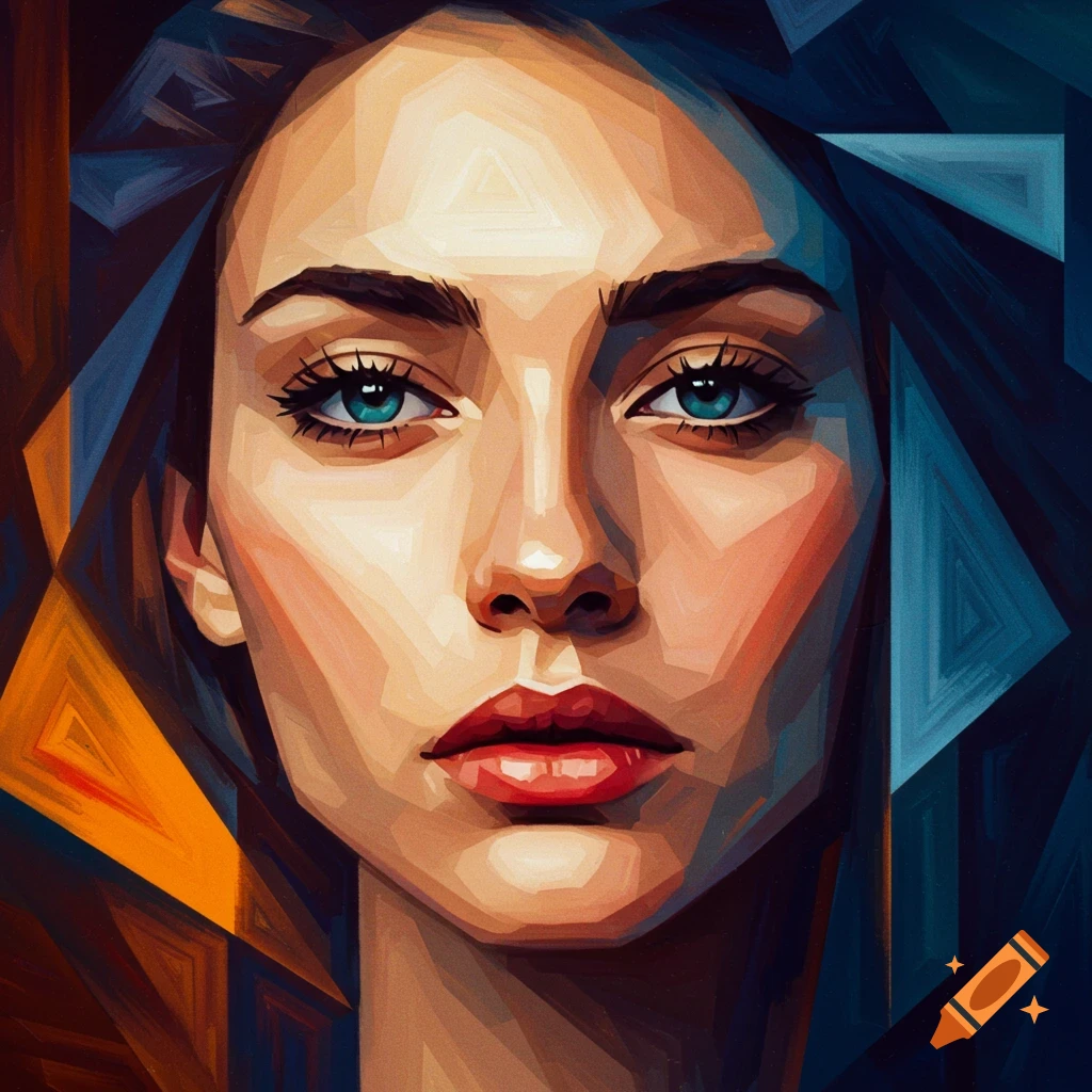 Close-up abstract cubist portrait of a woman's face with blue eyes and red lips.