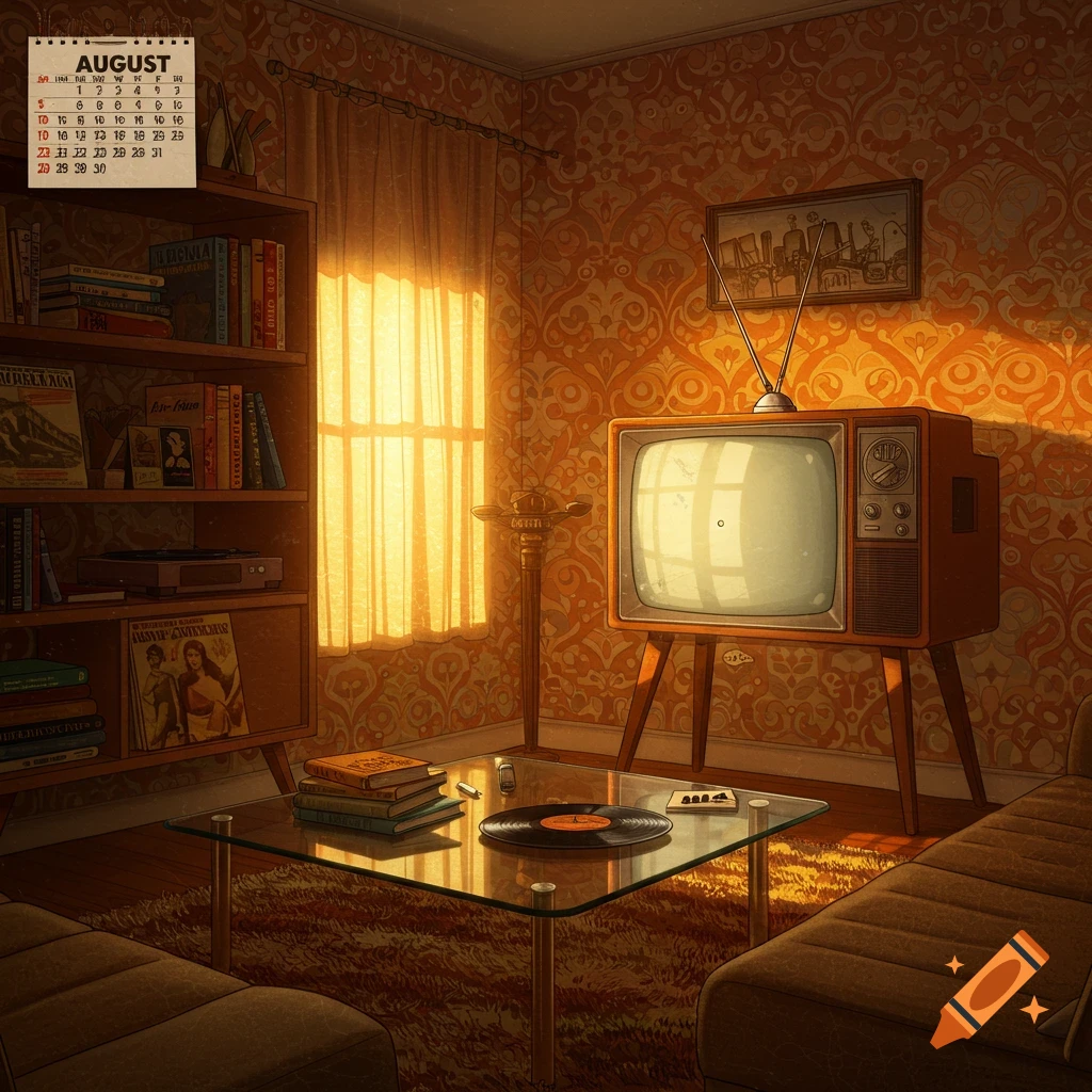 A warm, retro-styled living room from the 1970s with a vintage television, a bookshelf filled with books, and a glass coffee table with a vinyl record, bathed in golden sunlight from a window.
