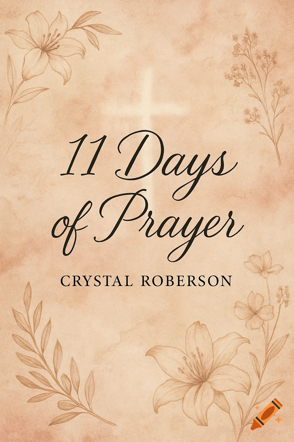 A vintage-style journal cover in beige watercolor with "11 Days of Prayer" and "Crystal Roberson" text, framed by subtle floral illustrations and a faint cross.