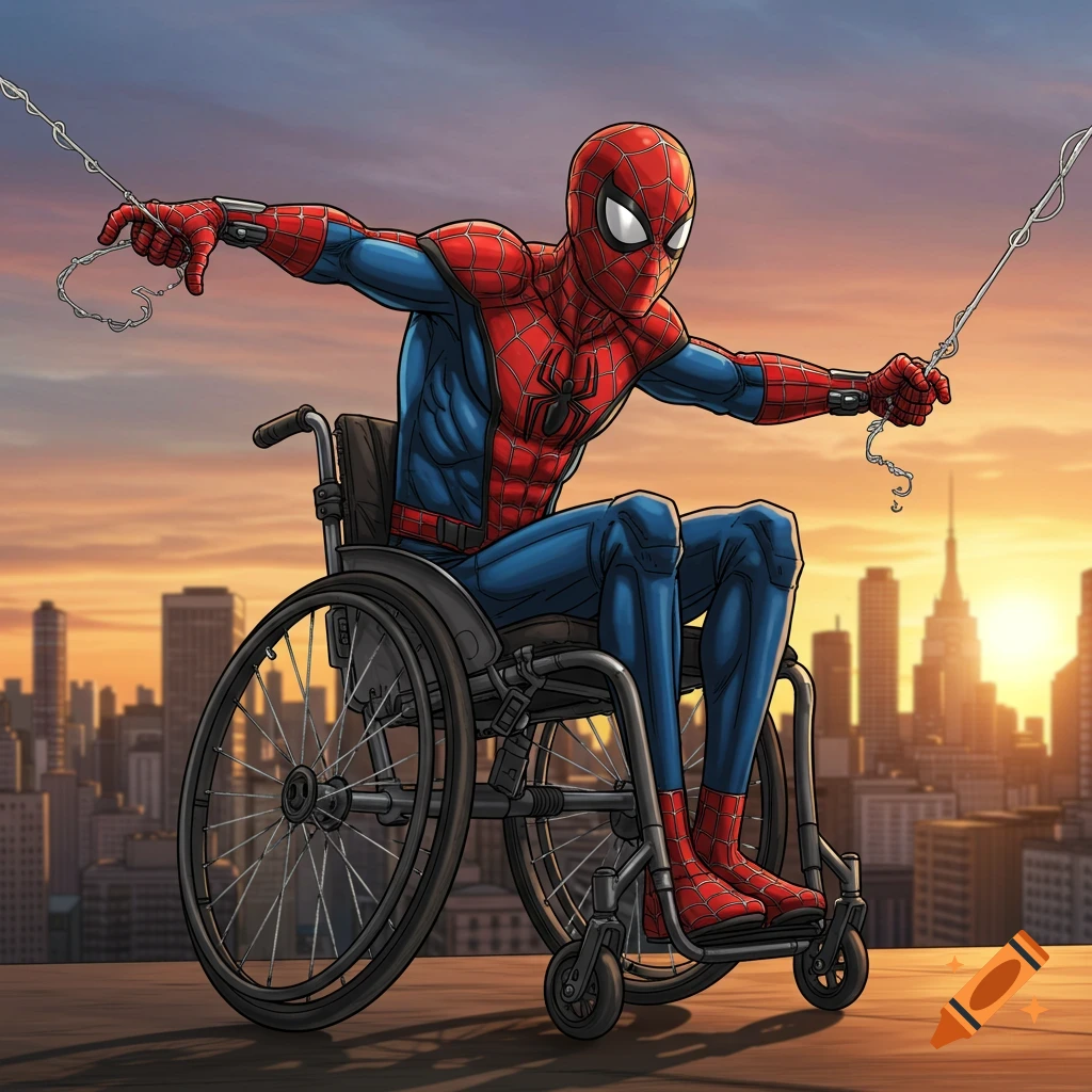 Spider-Man in a wheelchair on a rooftop overlooking a city skyline at sunset, in a comic book art style.