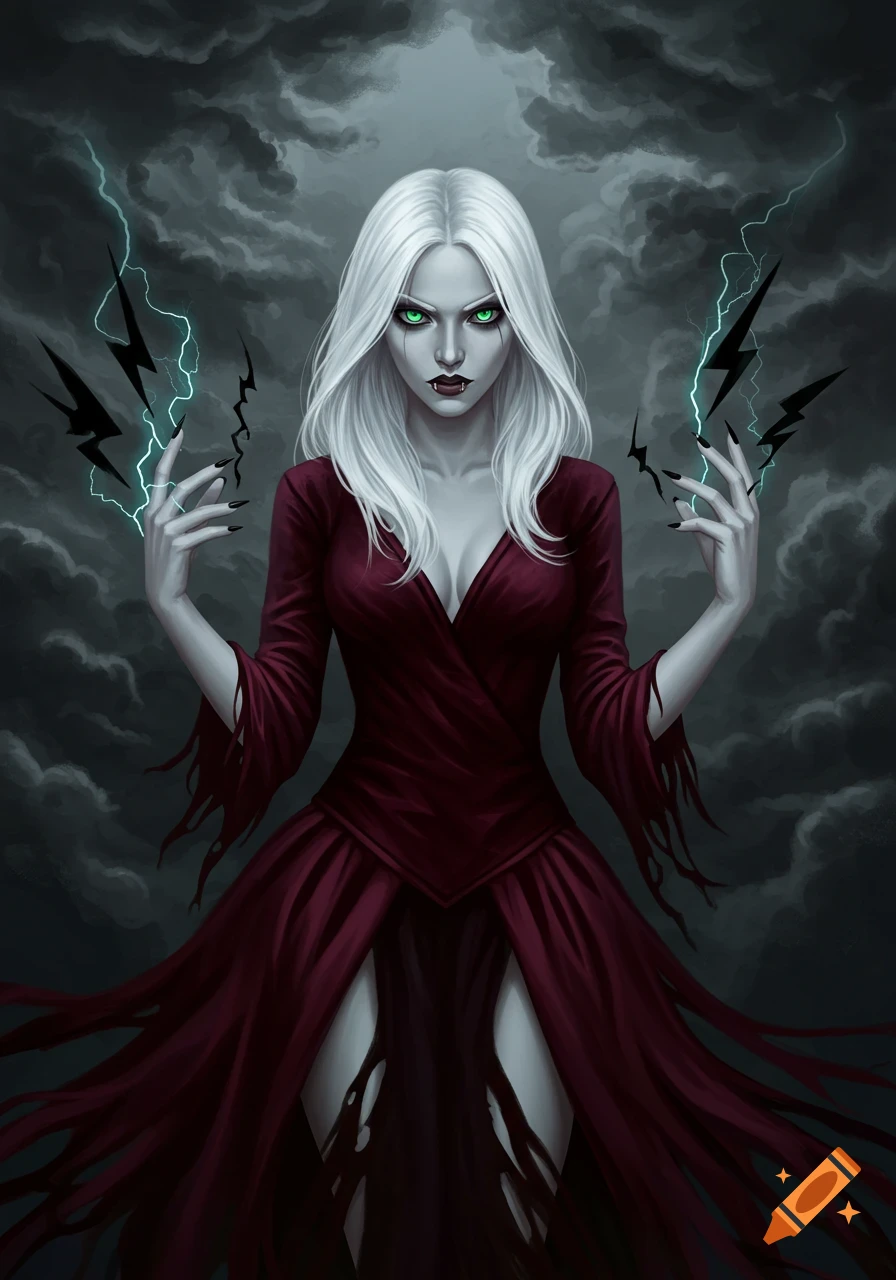 A pale vampire woman with white hair, green eyes, and fangs, wearing a deep red dress, summons black lightning against a stormy sky.