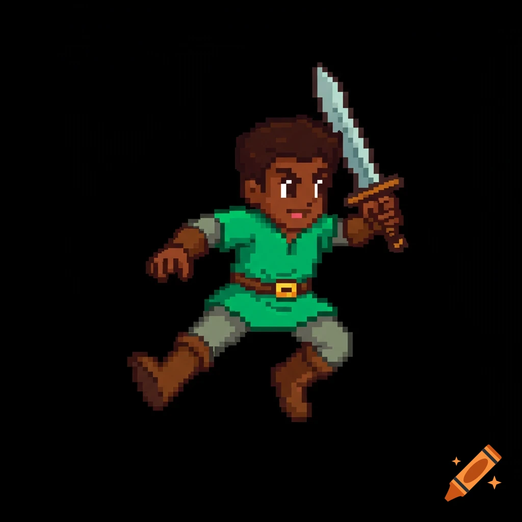 A pixel art sprite of a dark-skinned boy in green tunic and brown boots, wielding a sword.
