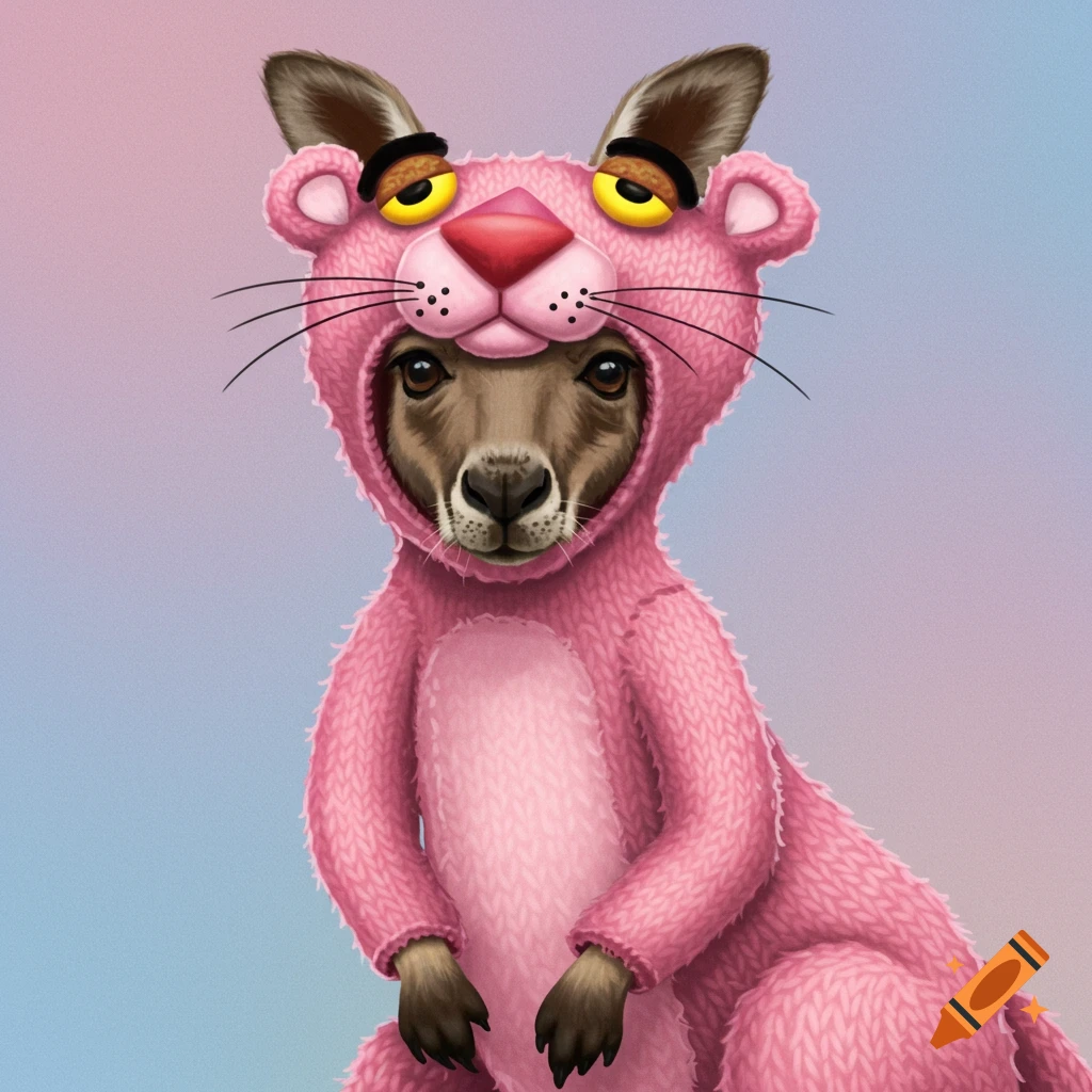 An illustrated kangaroo wears a knitted pink Pink Panther costume against a soft gradient background.