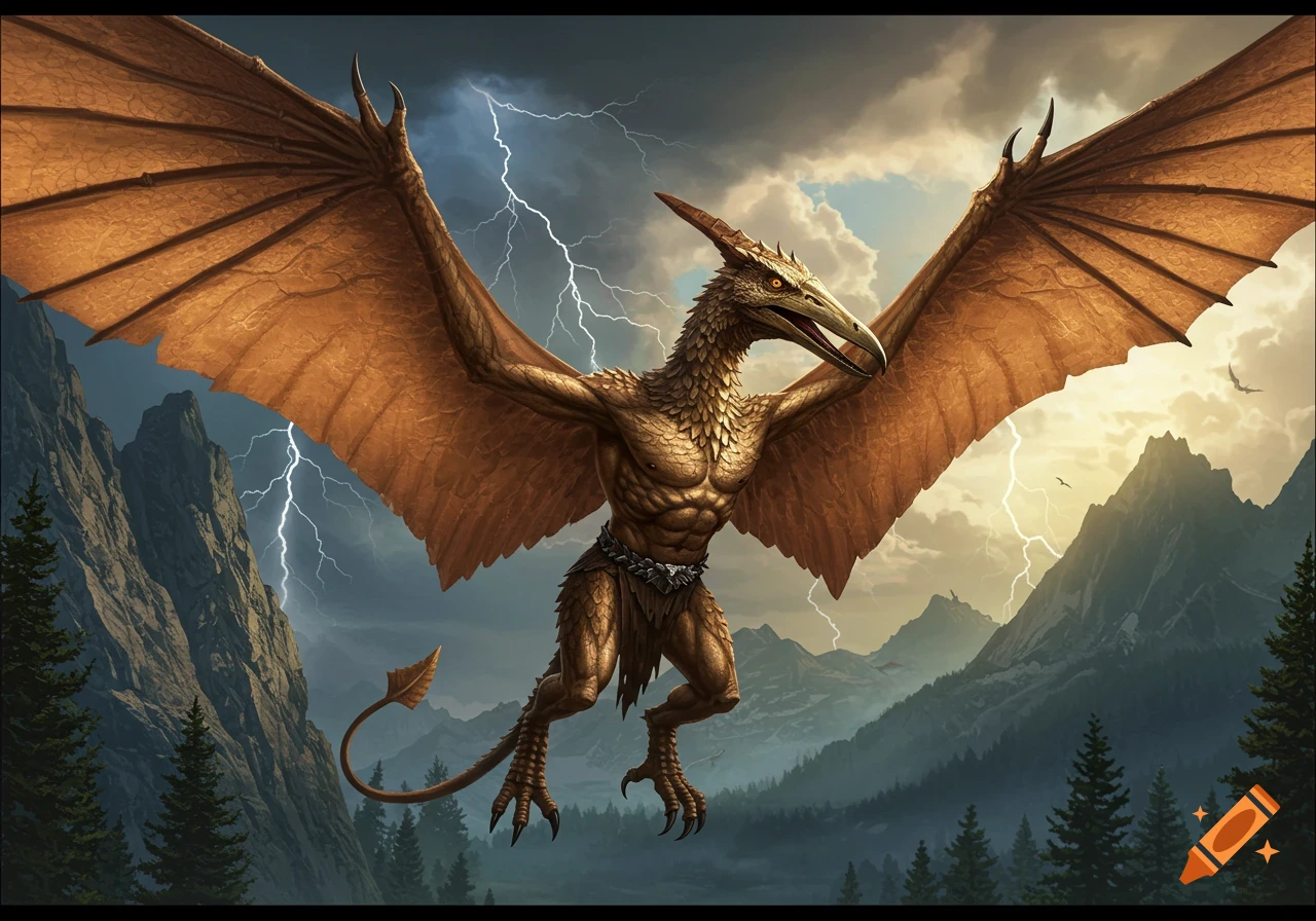 A large, brown, griffin-like creature with pterosaur wings flies through a stormy mountain landscape with lightning.