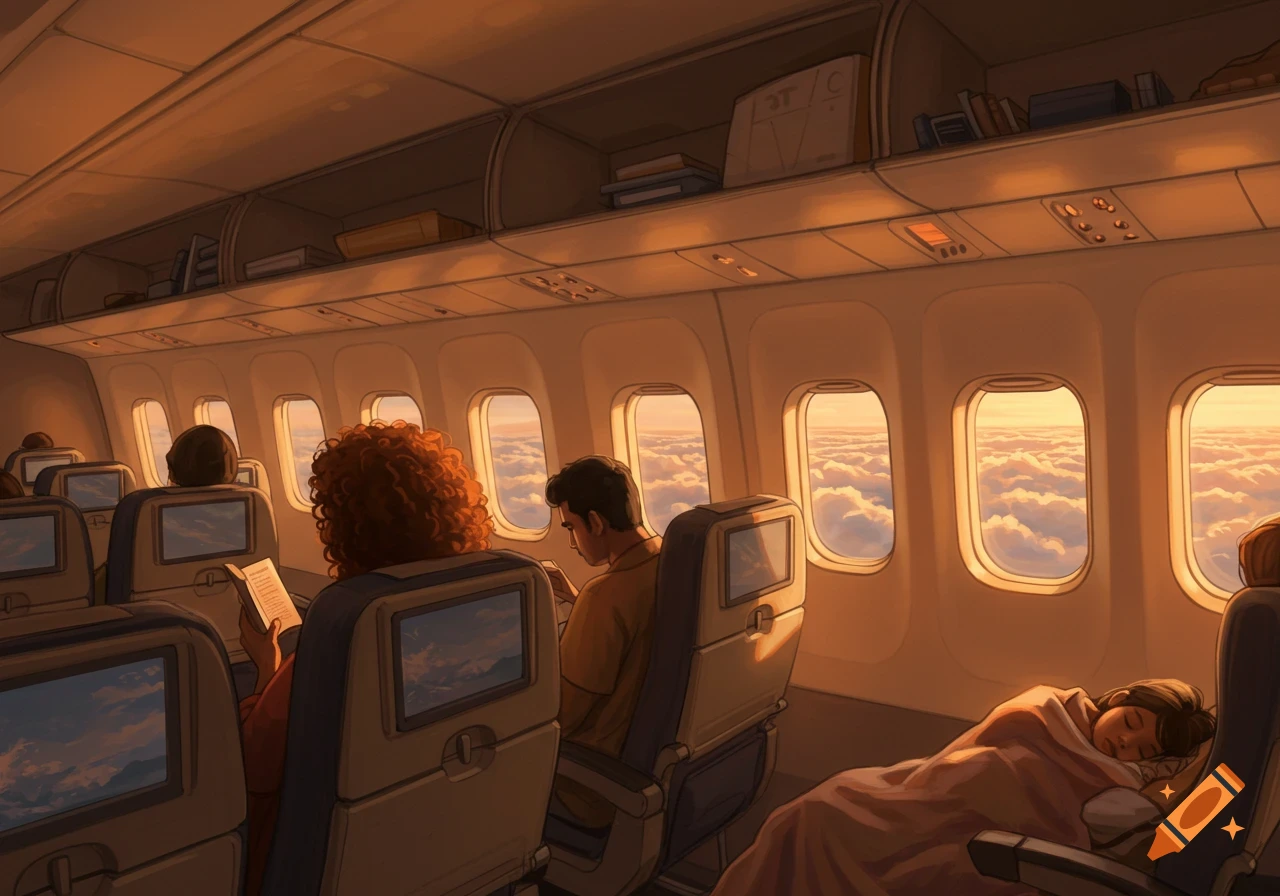 People relax inside an airplane cabin during a flight, with golden clouds visible outside the windows.