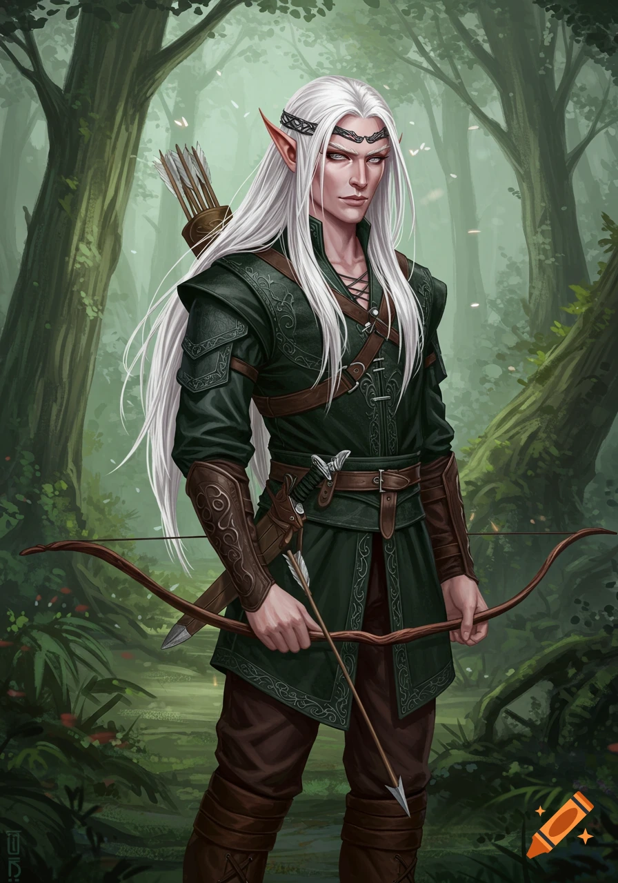 Male elf archer with long white hair and a bow in a lush fantasy forest ...