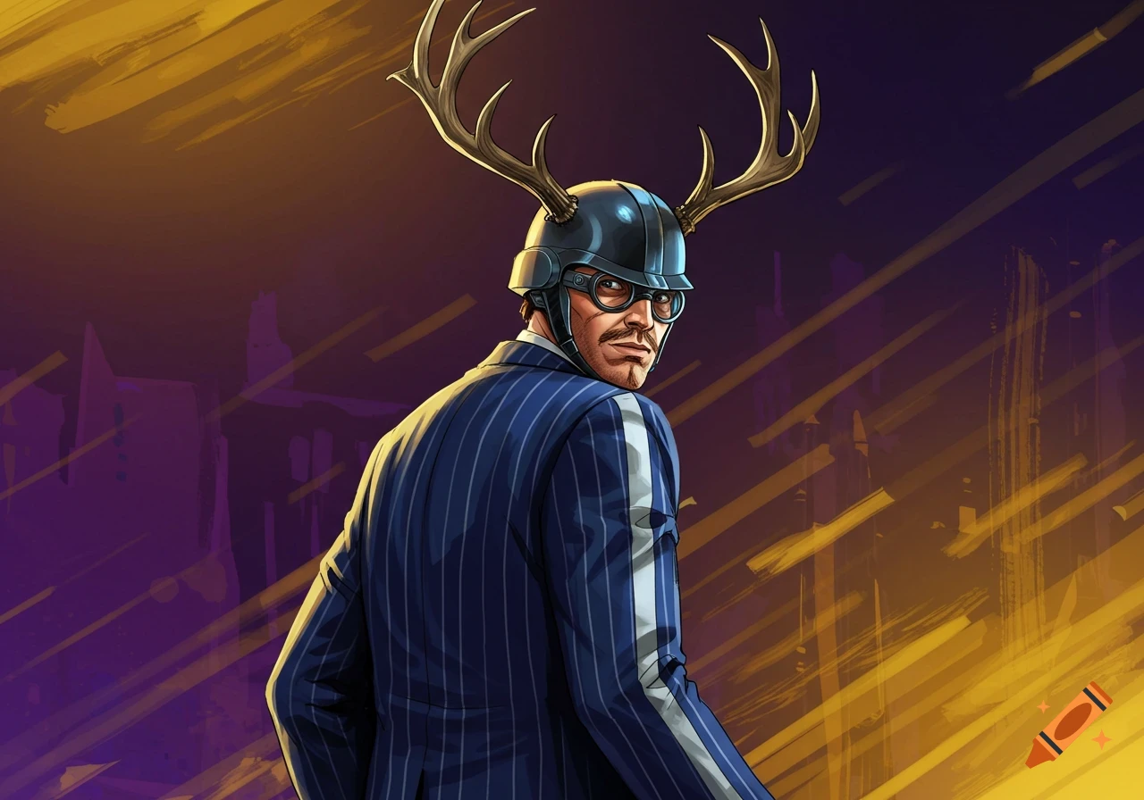 An illustration of a man in a pinstriped suit with a helmet and antlers, looking back over his shoulder.