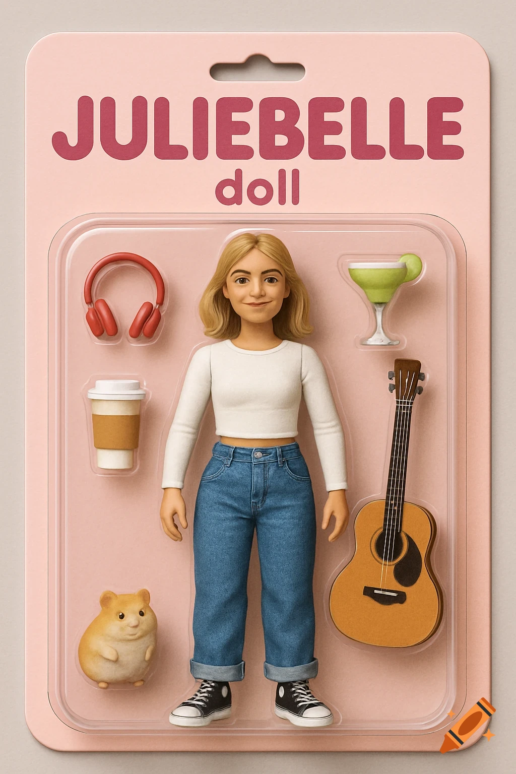 A Juliebelle doll action figure in plastic packaging with accessories like headphones, a coffee cup, a margarita, a guitar, and a hamster.