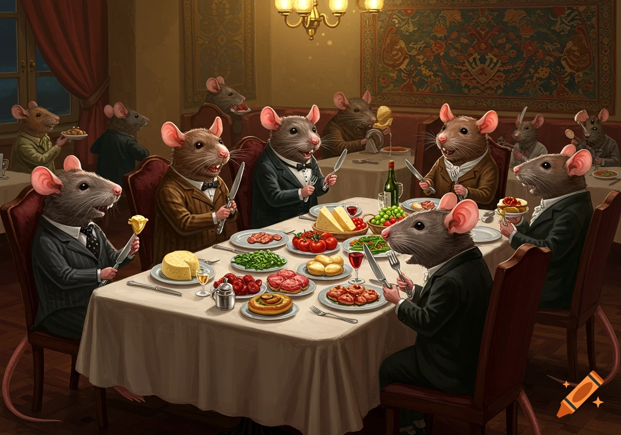 Anthropomorphic rats in formal attire enjoying a lavish dinner at a restaurant.