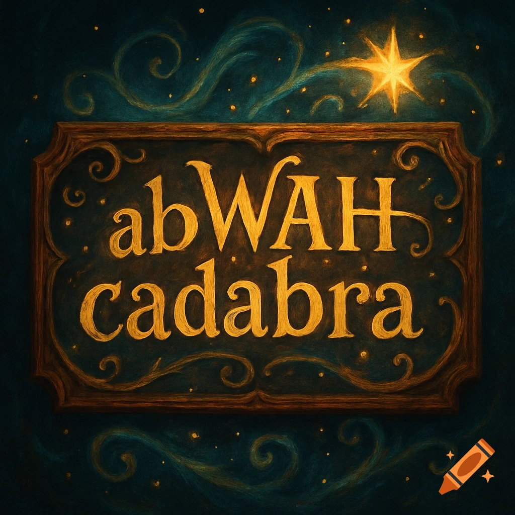 A magical golden sign with an ornate wooden frame reads 'abWAH cadabra' against a dark, starry, swirling background.
