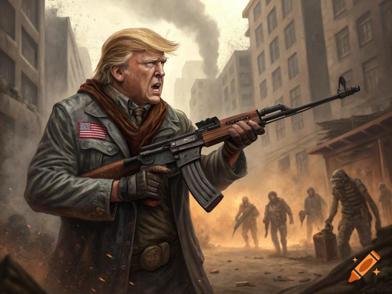 Donald Trump in rugged post-apocalyptic clothing holds an AK-47, looking angry in a ruined city with distant figures and smoke.