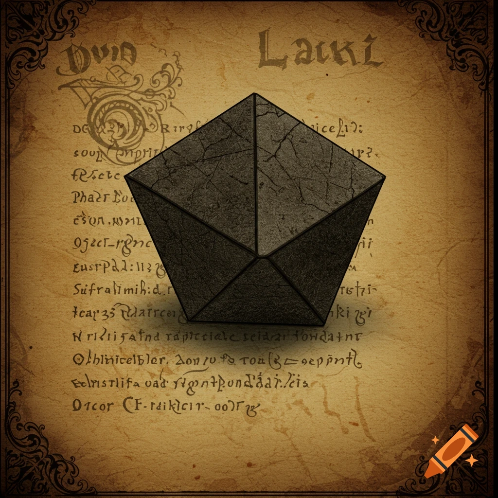 A dark, cracked, geometric shape resembling a five-faced polyhedron centered on an old, textured manuscript with illegible text and ornate borders, in a Rusty Lake drawing style.