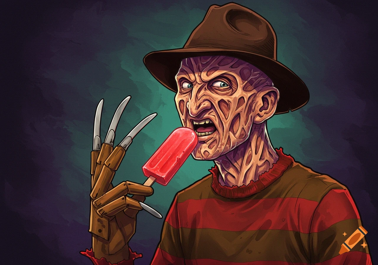 Cartoon illustration of Freddy Krueger with his striped sweater and hat, eating a red popsicle, with his clawed glove visible.