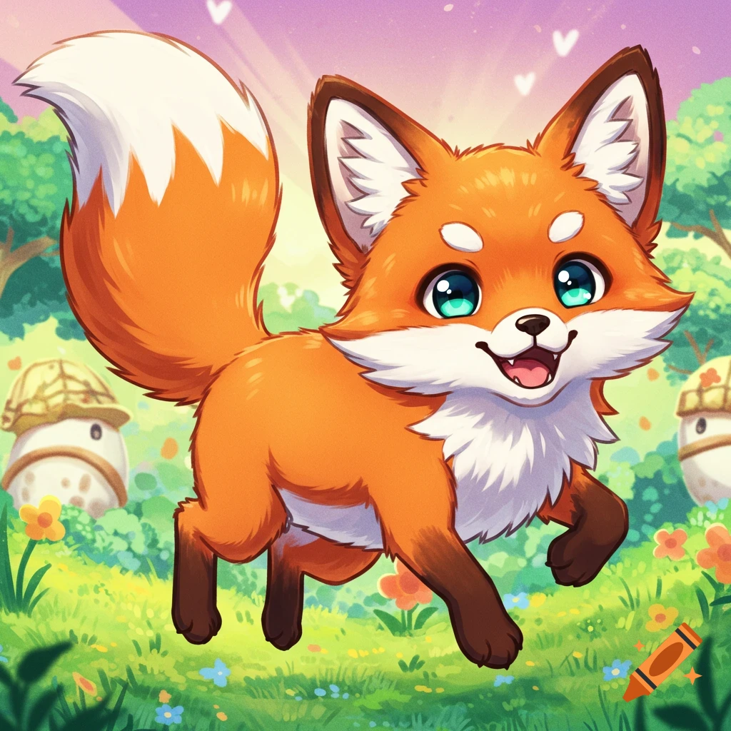 A cute, happy anime fox with big green eyes runs through a vibrant green field with flowers and trees.