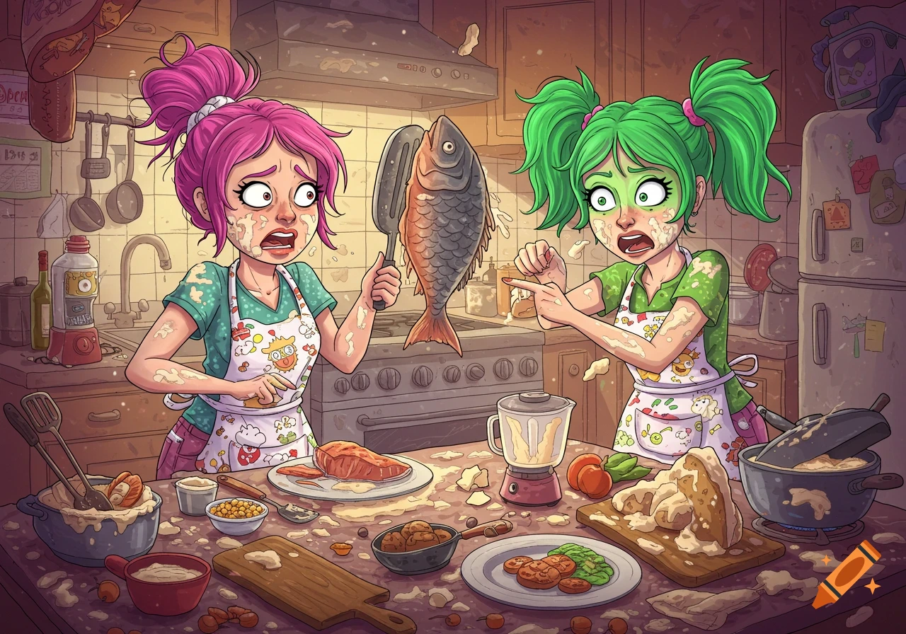 Two cartoon women with vibrant hair look distressed in a messy kitchen, one holding a fish on a spatula, the other pointing, covered in food splatters.