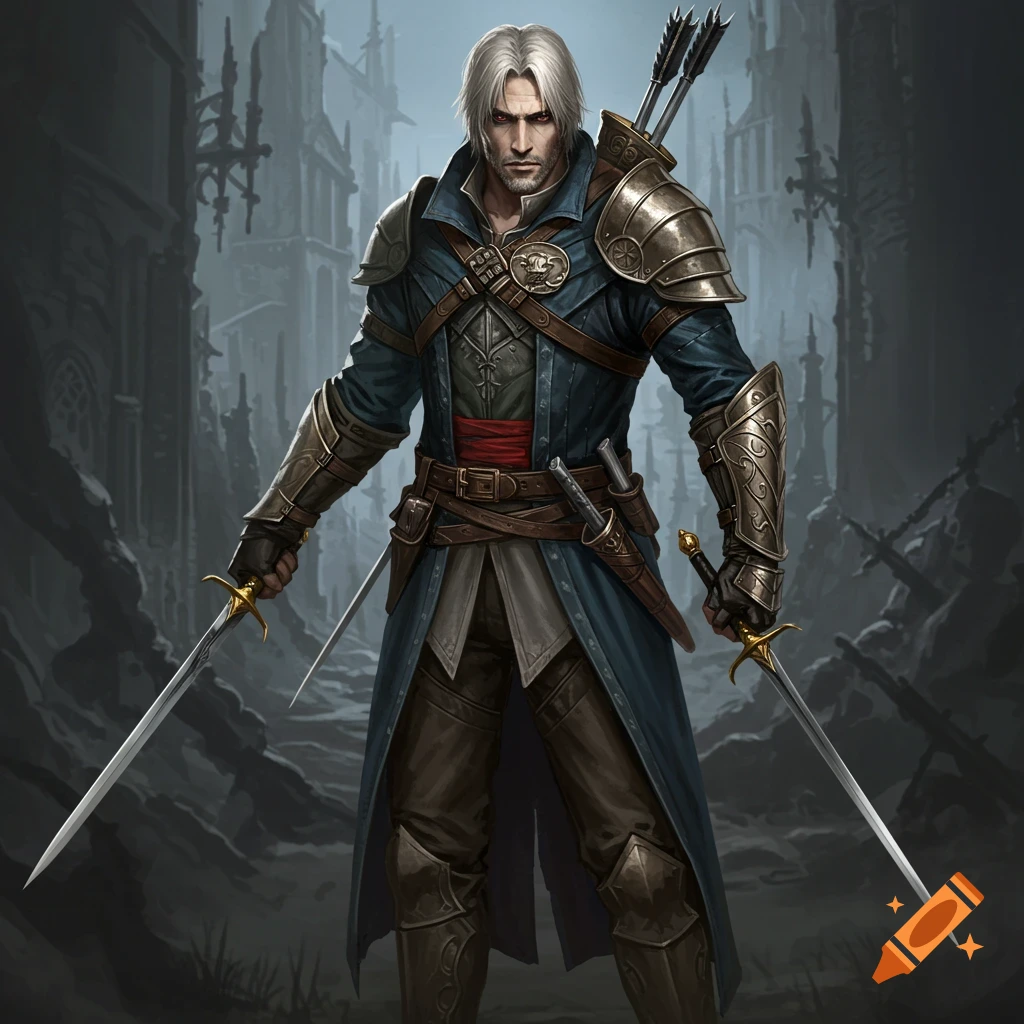 A white-haired warrior in blue armor with two swords stands in a ruined city.