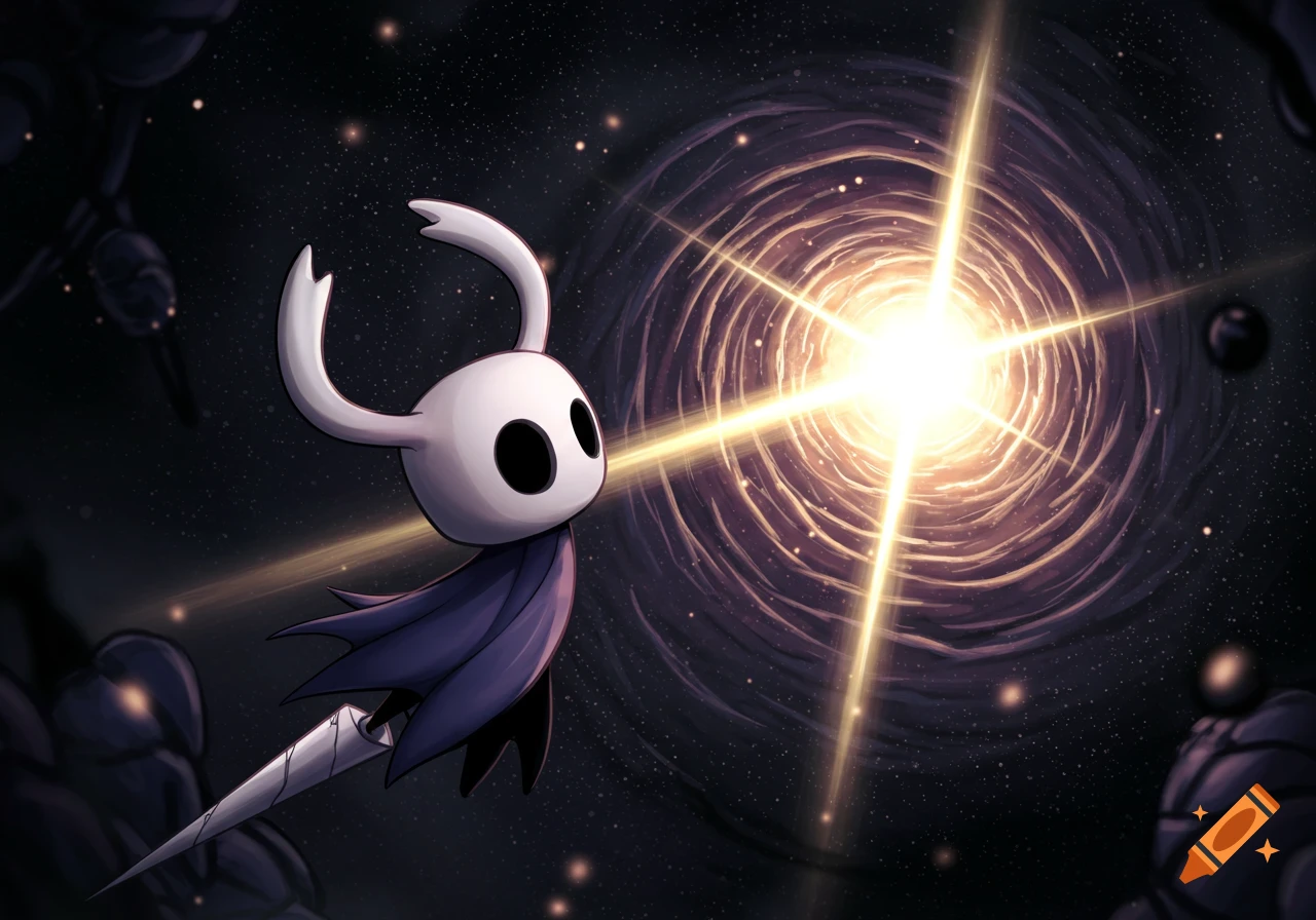 Stylized image of the Hollow Knight character floating towards a bright, swirling light in a cosmic abyss.