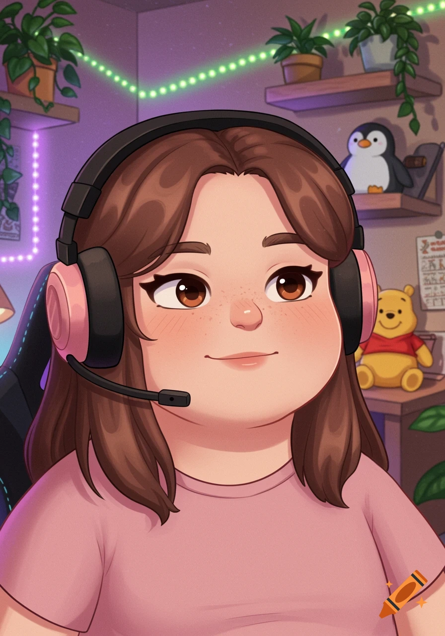 A cute cartoon girl with brown hair and a pink shirt, wearing a gaming headset, in a cozy room with LED lights, plants, and plushies.