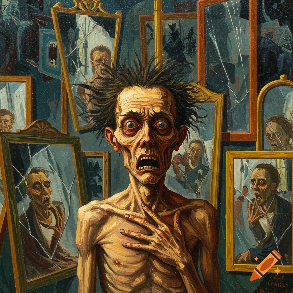 Painting of an emaciated, screaming figure with wild hair, surrounded by broken mirrors, in the style of German Expressionism.