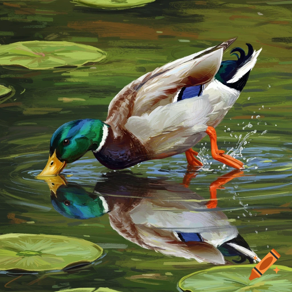 A painterly image of a mallard duck dipping its head into water with lily pads, its reflection visible.