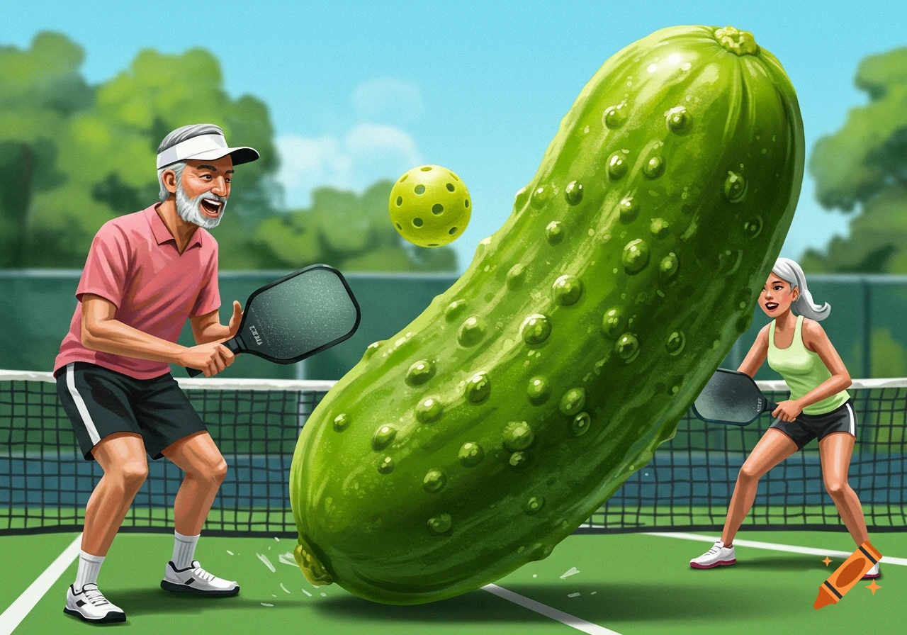 An older man and a young woman play pickleball with a giant pickle on a green court under a blue sky.