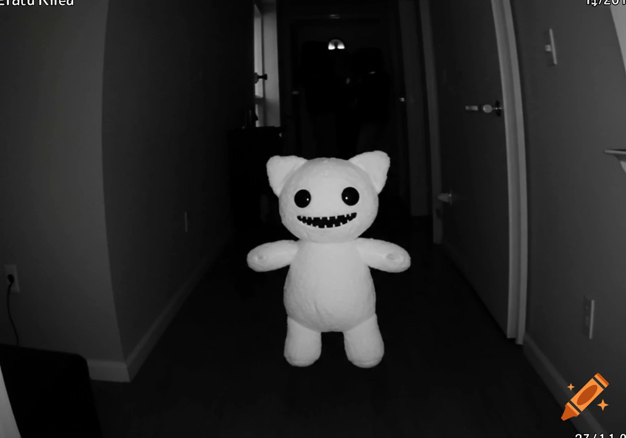 Grainy black and white CCTV footage shows a white, fanged plushie with large black eyes standing in a dark hallway.