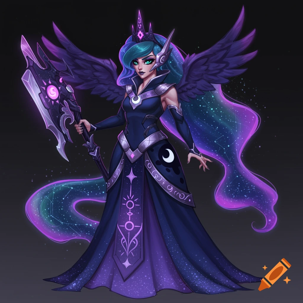 A stylized character design resembling Princess Luna from My Little Pony as an Overwatch Symmetra skin, with dark wings, a celestial gown, and a large weapon.
