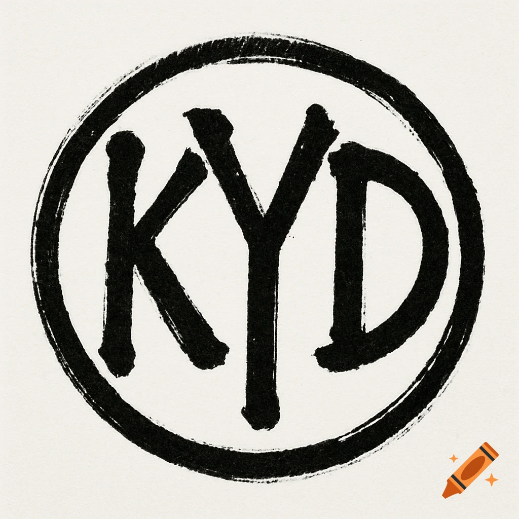 A black brush stroke monogram in a circle, featuring the letters K, Y, and D in a distressed style on a light background.