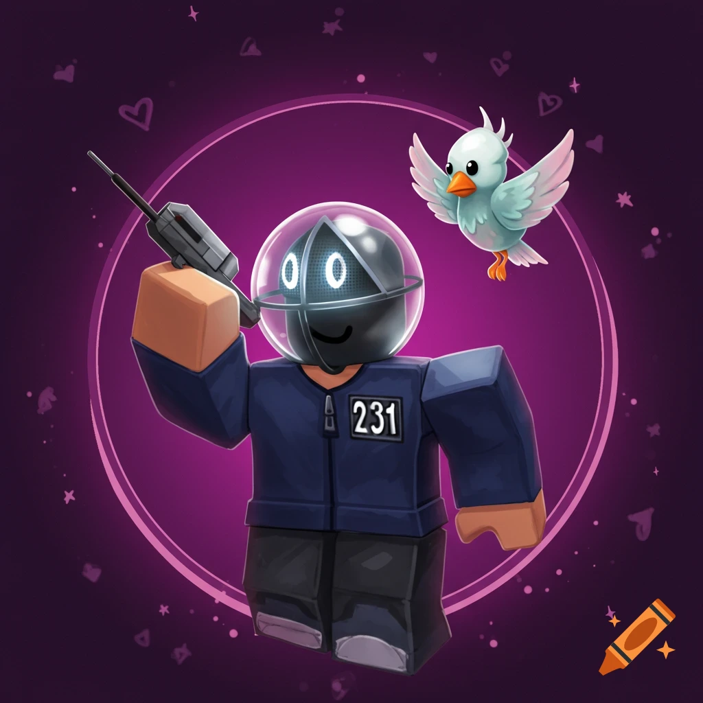 A Roblox-style character in a Squid Game guard uniform, with a number 231, holding a walkie-talkie. A small bird flies next to him on a purple background.