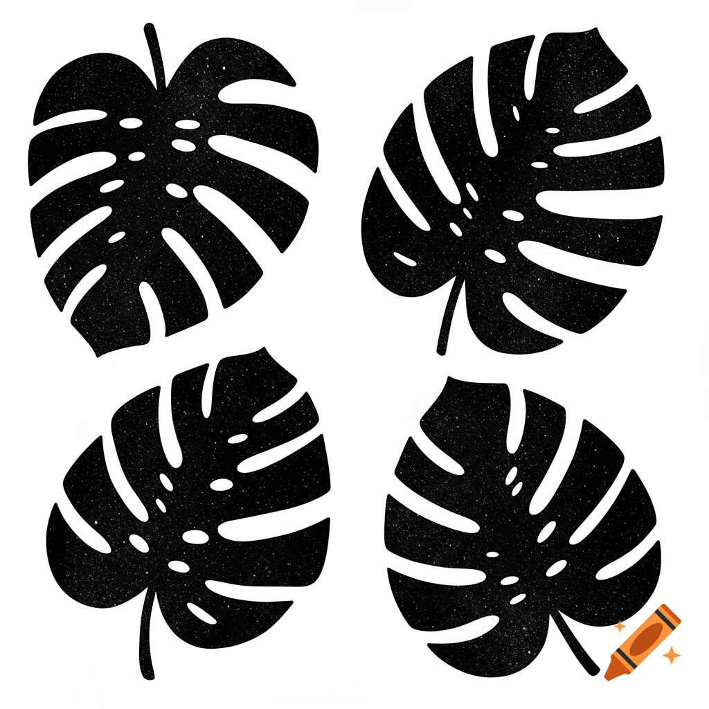 Four black monstera leaves with a textured, hand-painted appearance on a white background, in a minimalist style.