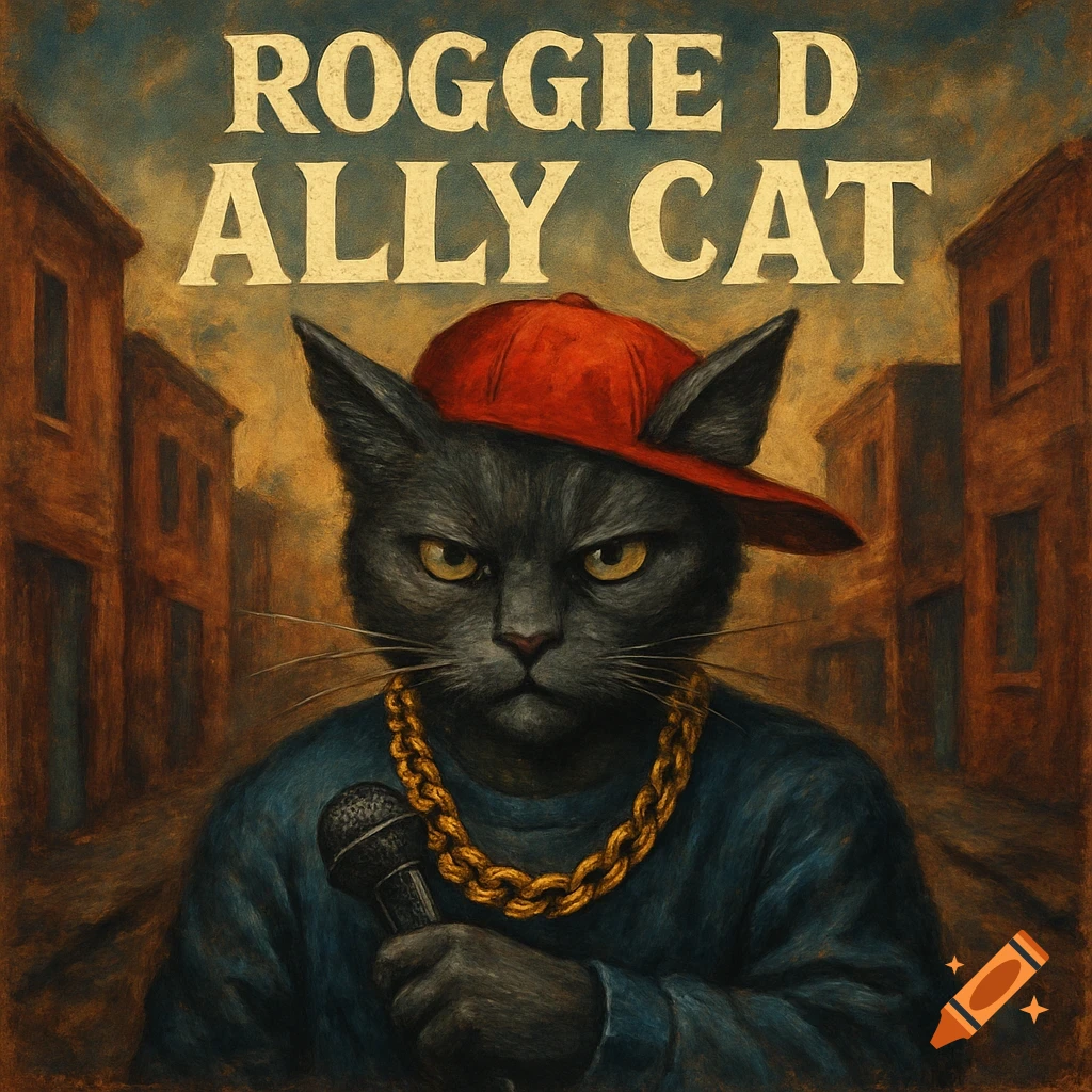 A stylized painting of a gray cat wearing a red baseball cap and a gold chain, holding a microphone, with the text "ROGGIE D ALLY CAT" above its head in a street setting.