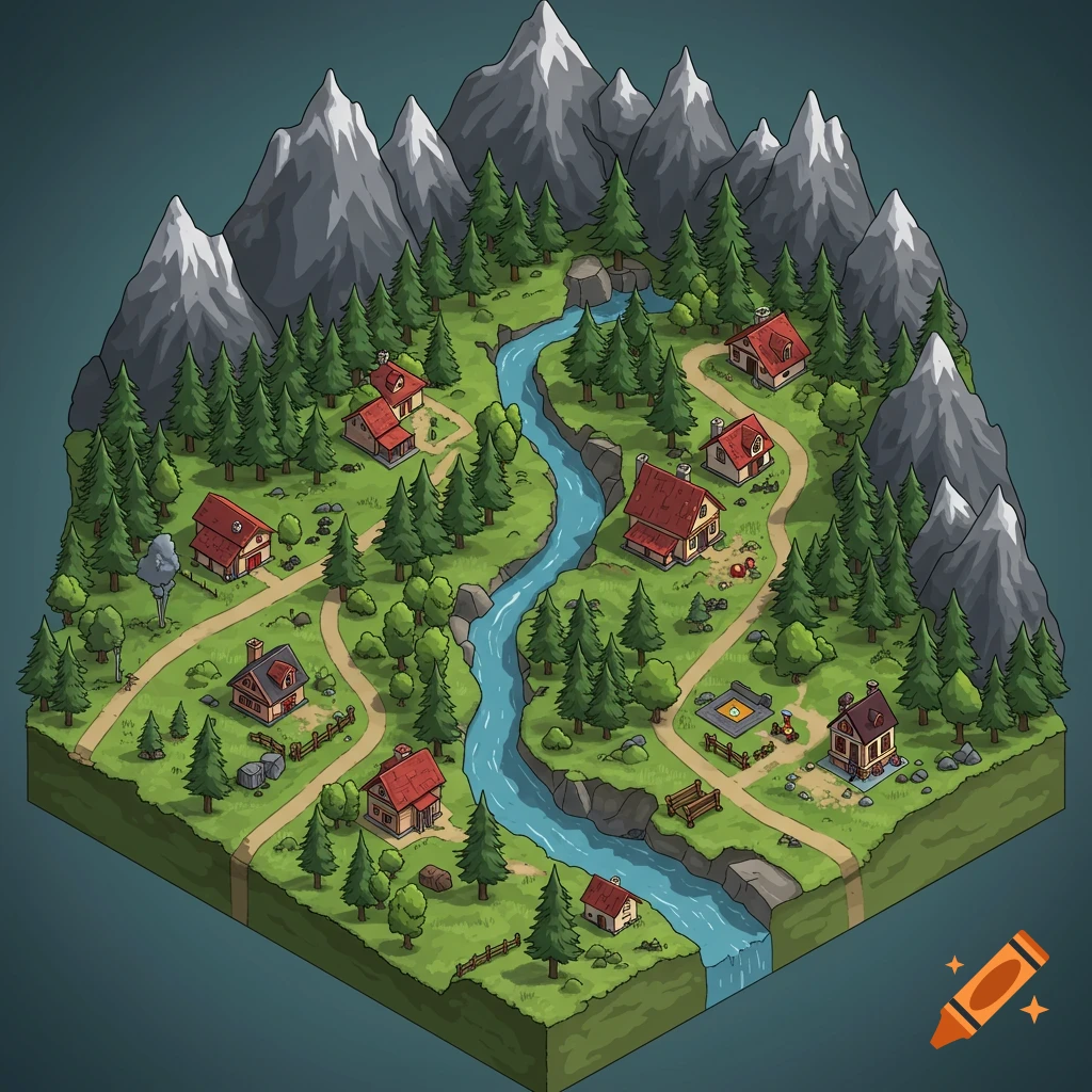 Vibrant isometric illustration of a forest village with red-roofed houses, a winding river, and tall mountains.