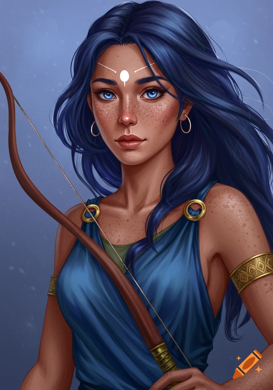 A fantasy illustration of a young woman with dark blue hair, blue eyes, freckles, and a moon symbol on her forehead, holding a bow.