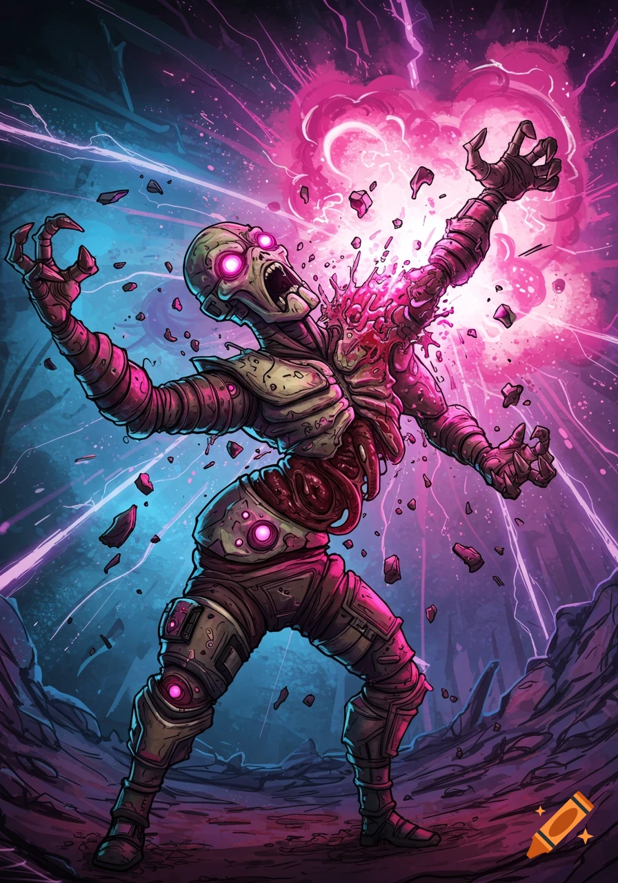 A monstrous creature resembling Terramorphous from Borderlands 2, with glowing pink eyes, is being ripped apart by pink energy, stylized like a comic book.