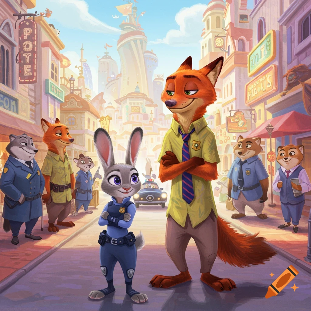 Zootopia characters Judy Hopps and Nick Wilde stand on a bustling city street with other anthropomorphic animals and colorful buildings.