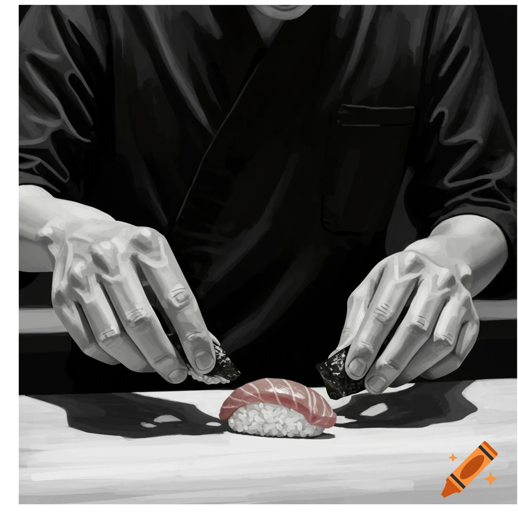 Black and white illustration of hands making a piece of sushi with salmon.