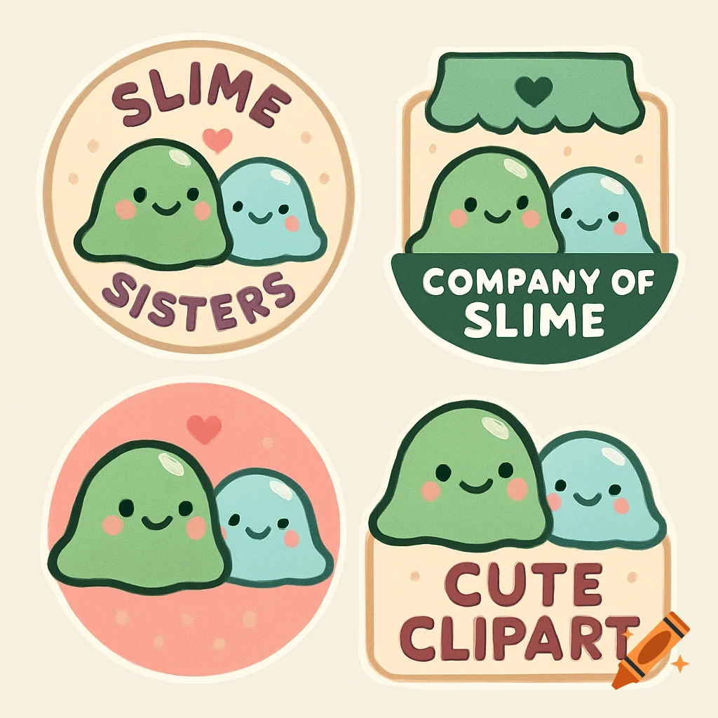 Four cartoon badges with smiling green and blue slime characters. Text includes 'SLIME SISTERS', 'COMPANY OF SLIME', and 'CUTE CLIPART'.