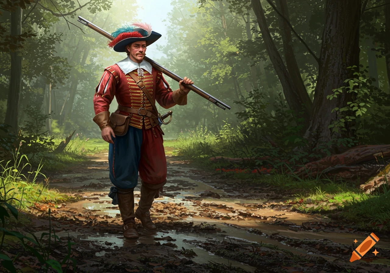 A 17th-century mercenary in red and blue, holding a rifle, walks on a muddy forest path. Digital art.