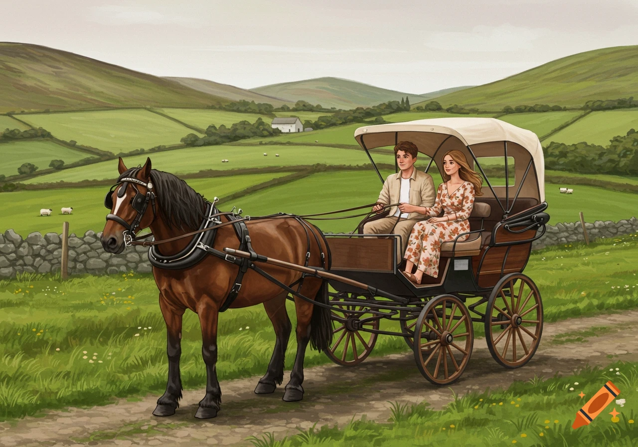 An illustrated couple rides a horse-drawn carriage on a dirt path through green Irish hills with stone walls and a distant white house.