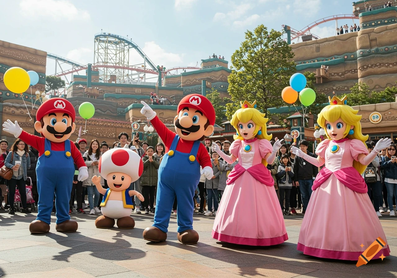 Mascots of Mario, Princess Peach, and Toad stand outdoors at a sunny theme park with a roller coaster in the background.
