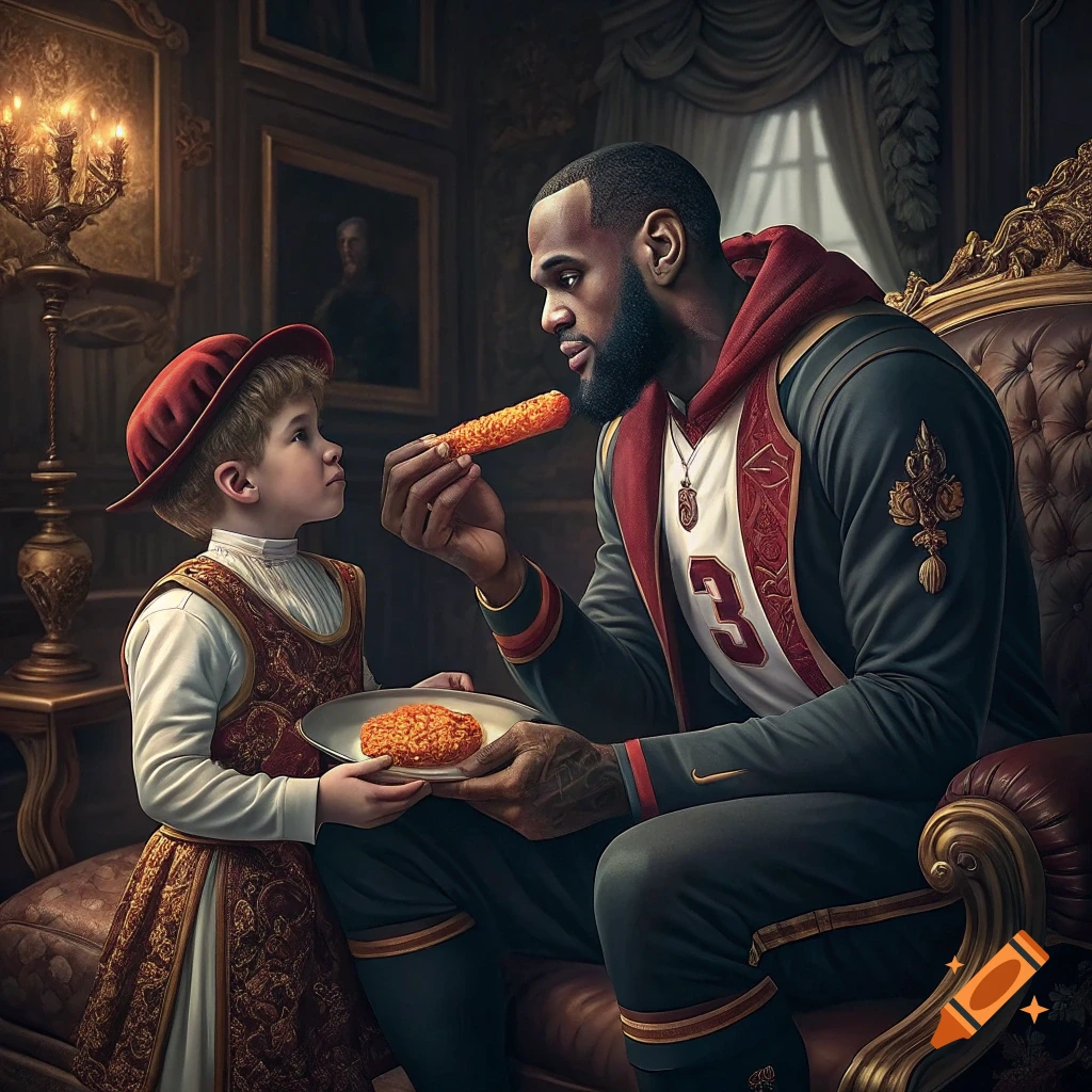 LeBron James in a regal outfit feeds a Hot Cheeto to a Victorian-era child in a detailed, photorealistic painting.