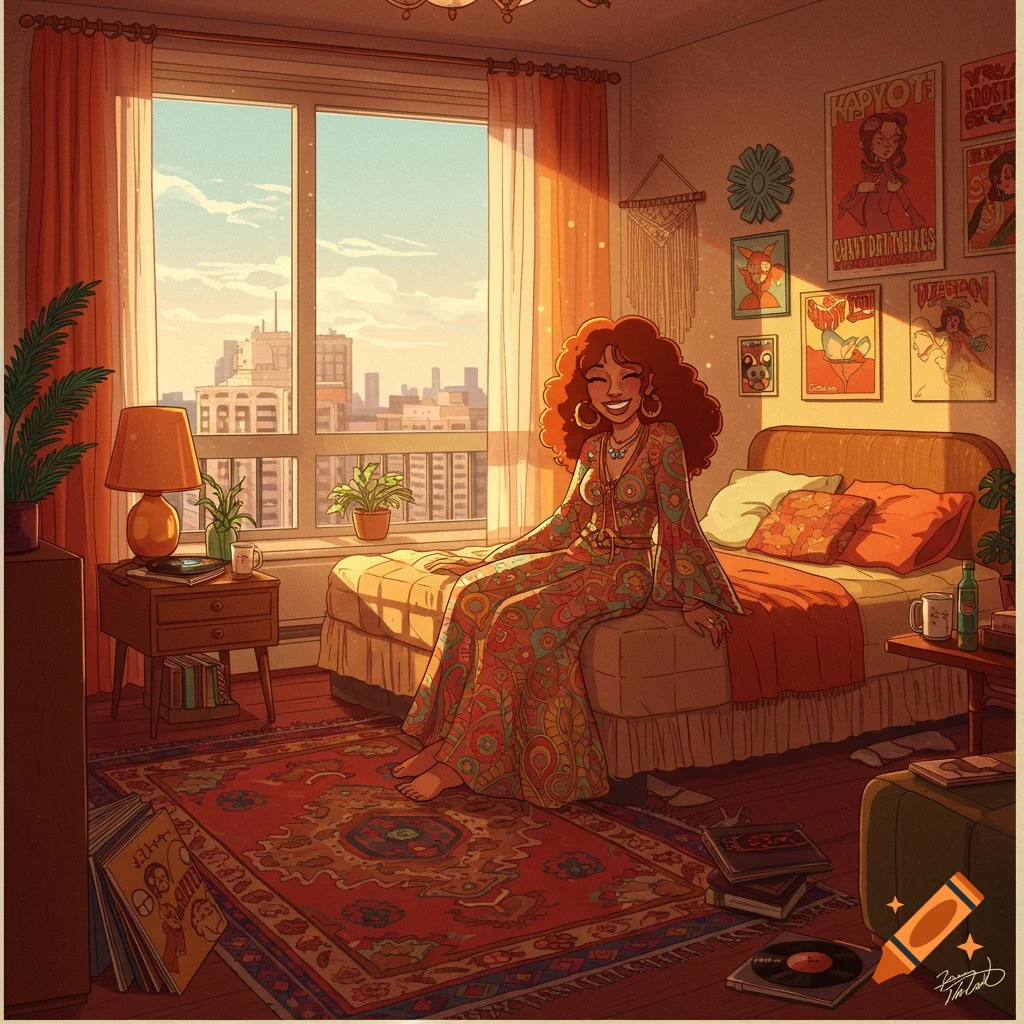 A stylized illustration of a happy woman with curly hair sitting on a bed in a sunny 1970s-style apartment.